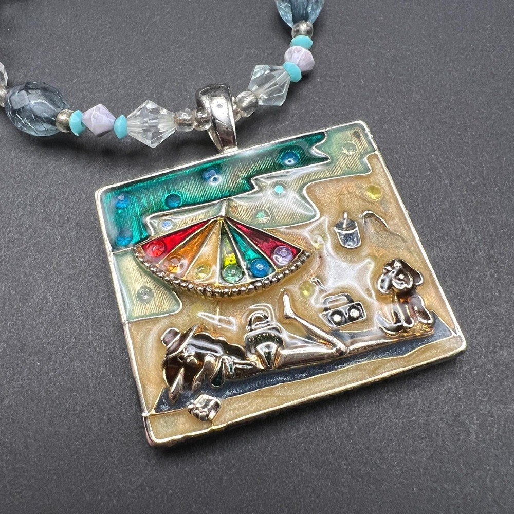 Vintage Enamel Pendant Necklace Sun Girl Rainbow Beach Theme Summer